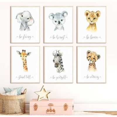 3 Affiches Animaux Chambre Bebe Fille Rose Tableau Poster Girafe Elephant Lion Mural Enfant Deco Avec Cadre,20*30cm - Maison