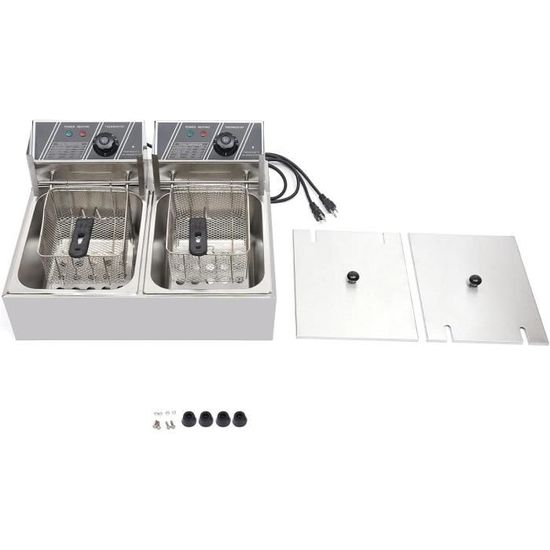 Friteuse Double Cuve DSYOGX 12L - Inox, Contrôle Température 60-200°C - Pour Restaurant Ou Café