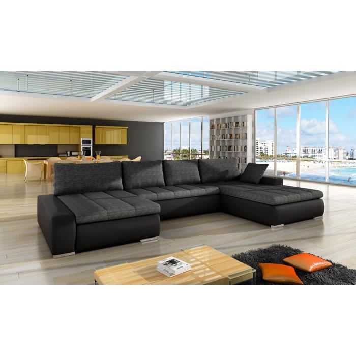 Canapé d'angle droit panoramique et convertible en tissu et simili gris foncé