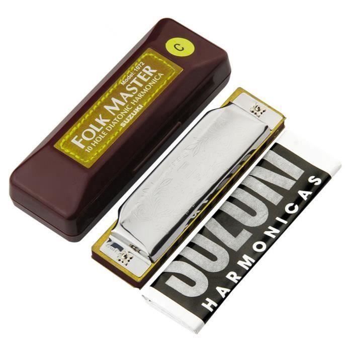 SUZUKI Harmonica 10 Trous 20 Tons Diatonique Etui Folk Master 1072 Argent F Tonalité Me25546