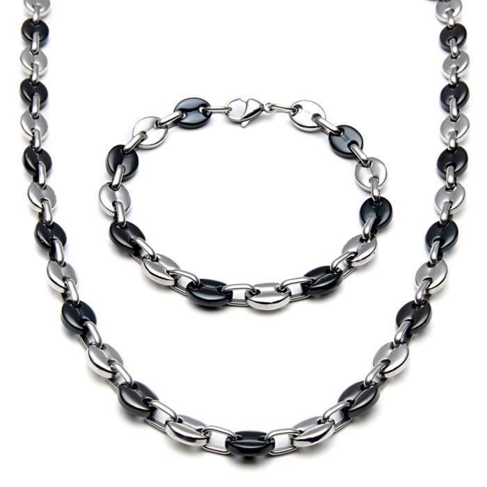 Collier + bracelet grains de café noir acier