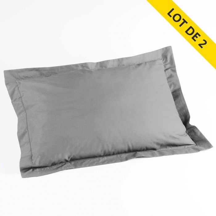 Lot de 2 taies d'oreiller volant plat 50x70 uni 100% coton57 fils point bourdon Galet