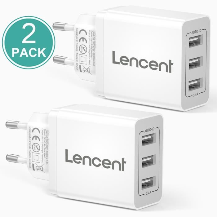 LENCENT Adaptateur Chargeur Secteur USB [2 Colis],3 Ports Prise USB Secteur Multiple Mural 17W-3.4A,Compatible iOS, Android