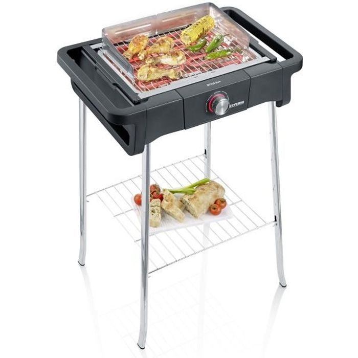 SEVERIN PG8124 Barbecue sur pieds 2500W Style Evo S - 0° à 350° en 10mn - Bac à eau réducteur de fumée et d'odeurs - Pare-vent -Noir