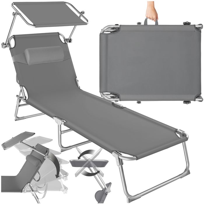 TECTAKE Chaise Longue CHLOE - Transat de Jardin Pliant Réglable avec Pare Soleil + Appuie tête 68 cm x 190 cm x 65 cm Gris