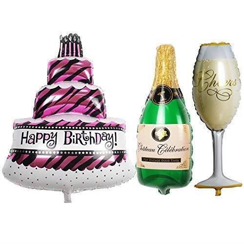 TRIXES Ensemble de 3 Grands Ballons Gâteau Bouteille de Champagne Verre pour Fête d'anniversaire