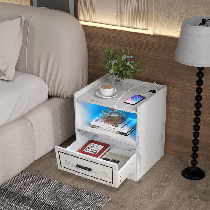 Table De Chevet Murale Avec LED RGB Et Station De Charge - Tiroir Et 2 Ports USB