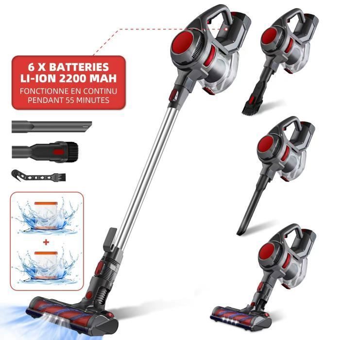Aspirateur Balai Sans Fil 500W/48KPa - Autonome, 55min Autonomie, Station Murale, Brosse Anti-poils, Pour Animaux/tapis