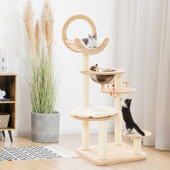 Comparer les prix de GOPLUS Arbre à Chat en Bois à Plusieurs Étages, Tour pour Chat 4 en 1 avec Nid en Capsule Spatiale, Poteaux à Griffer en Bois de