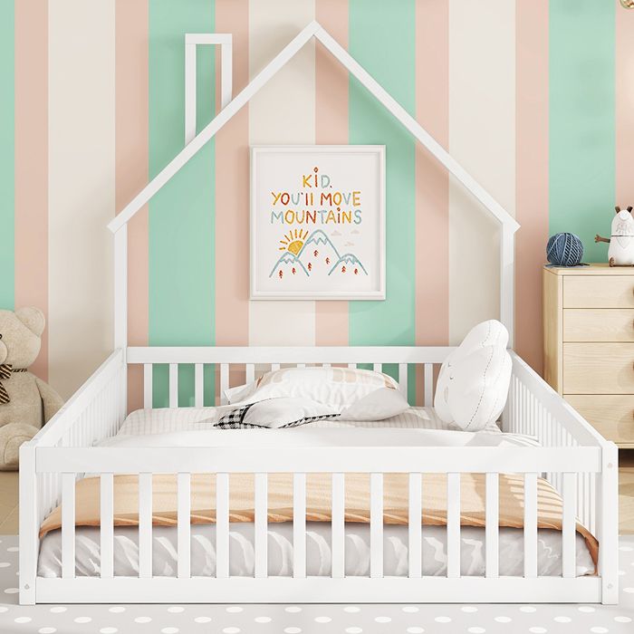 Lit cabane Lit enfant 140x200 cm - Lit avec sommier à lattes - SWEIKO - Pin - Blanc