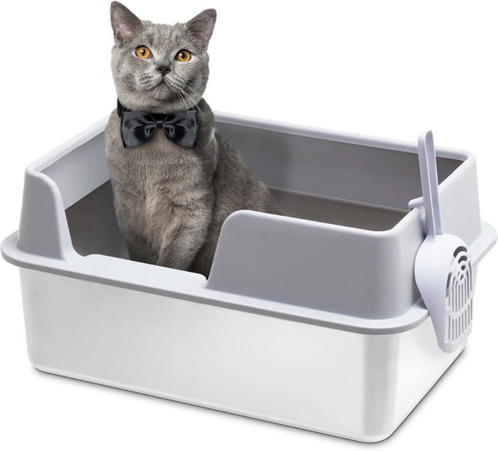 Meilleurs prix pour Bac Litière Chat En Acier Inoxydable, Bac Litière Pour Chat Xxl Ouvert, Maison De Toilette Avec Pelle Litiere Chat, Résistant Aux