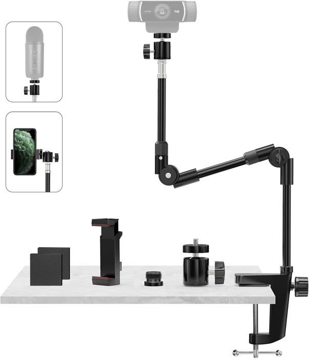 Support webcam / pied micro - LAMPE DU PARFUMEUR - Col de cygne 635 cm - Vis 5/8 - Support téléphone - Rotation 360°/Flex 180°