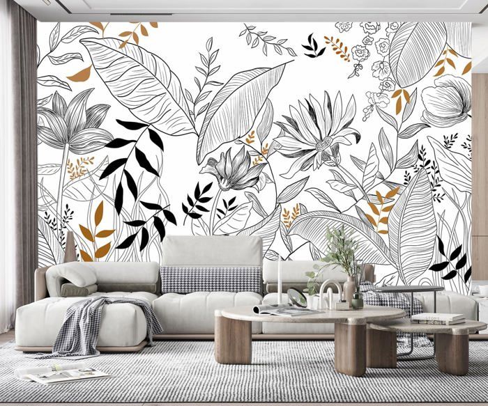 Papier Peint Panoramique Feuilles Florales Noir Et Blanc Papier Peint
