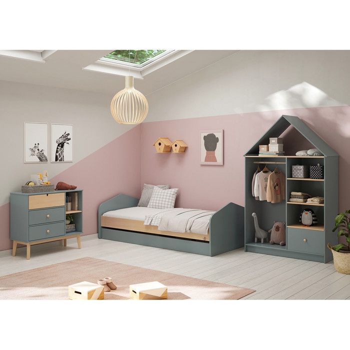 KAINA - Chambre 90x200cm avec Commode 3T et Dressing Cabane Coloris Gris et Naturel