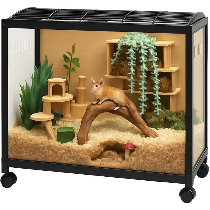 Cage Pour Hamster Grande Cage Avec Roues En Métal Empilable Avec Accès Par Le Haut Cage Ventilée Pour Souris 96 x47x52 cm- Noir