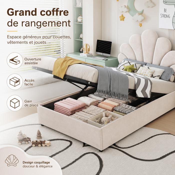 Lit Coffre Rembourré 90x200 cm Tête de Lit a Fleurs Réglable en Hauteur et Espace de Rangement Hydraulique Lit Simple Beige