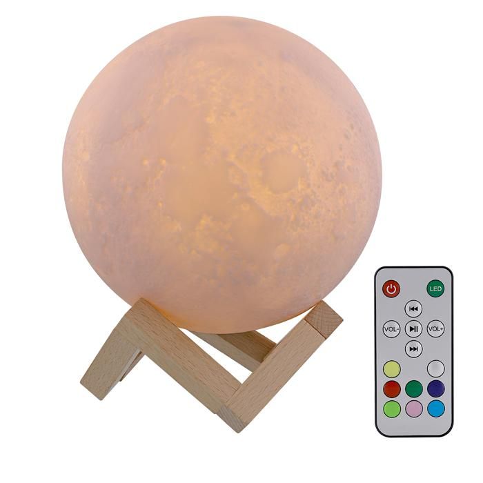 ’nB Moon - Veilleuse Lune avec Enceinte Sans Fil Diffusion de Musique par Bluetooth Socle en Bois Lumière personnalisable