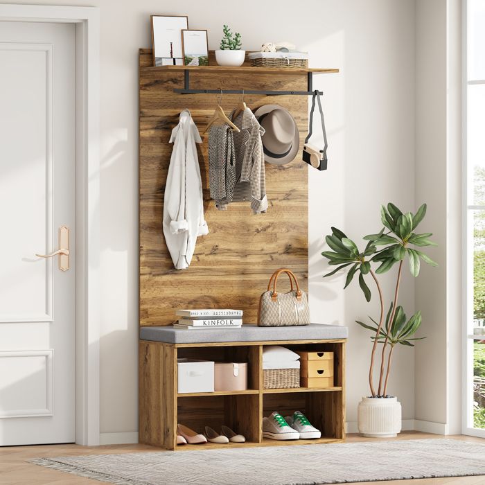 Vestiaire dEntrée 84x35x175 cm avec banc à chaussures Meuble entree avec étagère réglable et tringle à vêtements Chêne