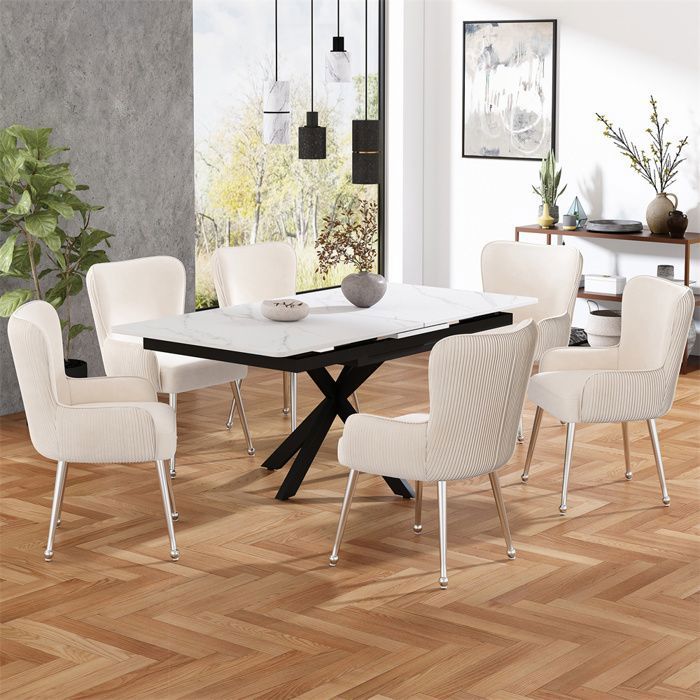 Chaises de salle à manger - Dossier à plis verticaux - Velours beige - Accoudoirs - Pieds métal argent