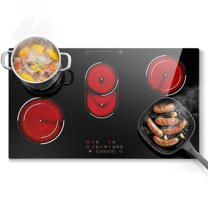 Plaque Vitrocéramique5 Feux 8400W Plaque de cuissontable de cuisson L90cm Commande Tactile Minuteur pour Toutes Casseroles