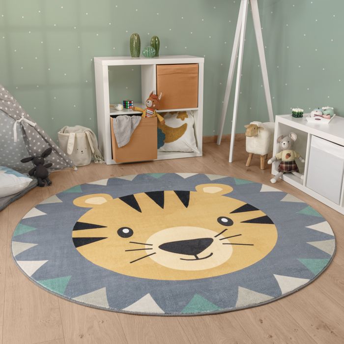 Tapis Enfant Rond 120 Cm Motif Lion Menthe/gris - Découpe 3D, Doux, Compatible Chauffage Au Sol (certifié Öko-Tex)