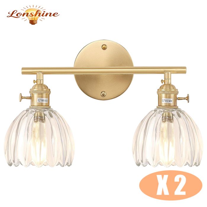 LONSHINE 2X Applique Mural Moderne en Verre Transparent en Forme de Fleur à 2 Têtes E27 Luminiare Intérieur Lampe Mural de Chevet