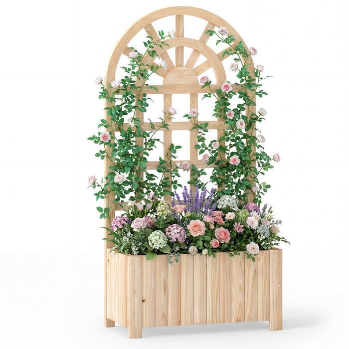 Jardinière Surélevée en Bois COSTWAY avec Treillis pour Plantes Grimpante Trous de Drainage 61 x 30 x 121cm Lit de Jardin Naturel