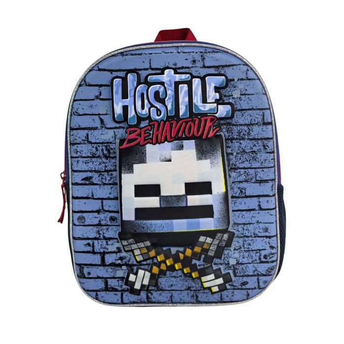 DAM Minecraft Comportement Hostile Sac à Dos Pré-scolaire 3D. Poche latérale. Dos rembourré. 24x8x30 Cm. Couleur : Bleu Denim