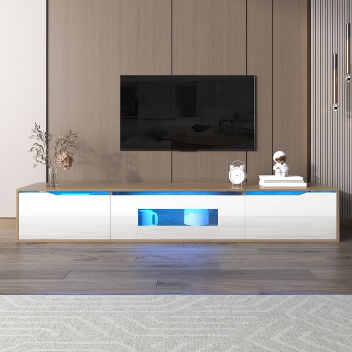 Meuble TV Blanc et Bois 180 cm Meuble TV Mural Moderne avec Éclairage LED et 3 Portes - pour Salon Chambre - Laqué Brillant