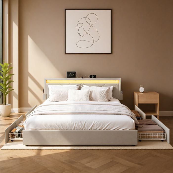 Lit complet et sommier avec LED 4 Tiroirs Tête de Lit Rembourrée Ajustable avec Multiprise sans Matelas 160 x 200 cm Beige