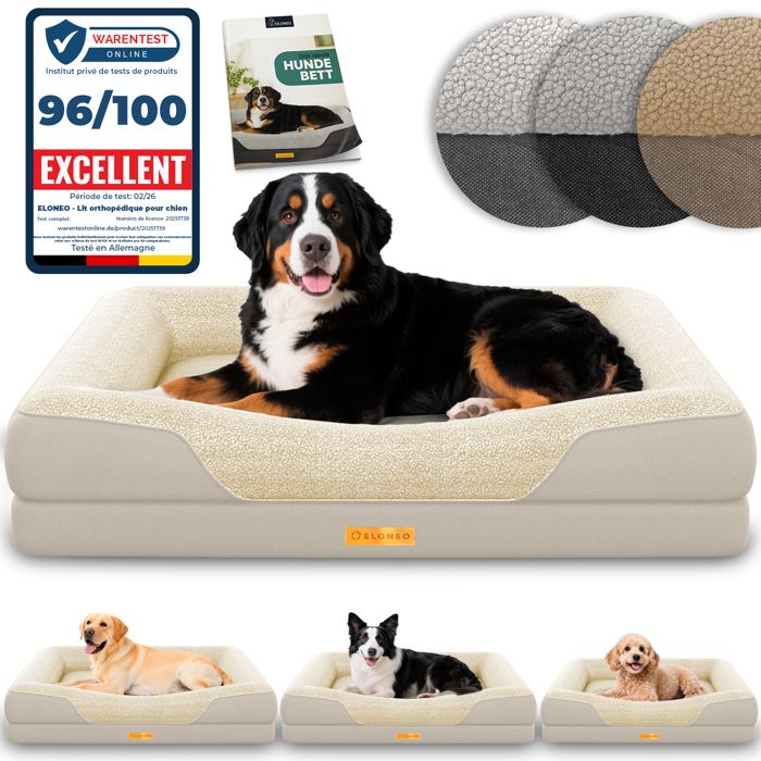 ELONEO lit orthopédique pour chien crème taille XL couchage confortable avec mousse mémoire coussin lavable