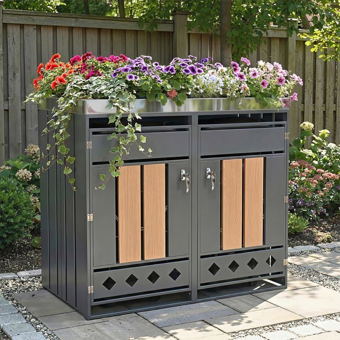 Cache-poubelle dextérieur à 2 portes avec couvercle rabattable - Armoire verrouillable avec porte en grain de bois vertical