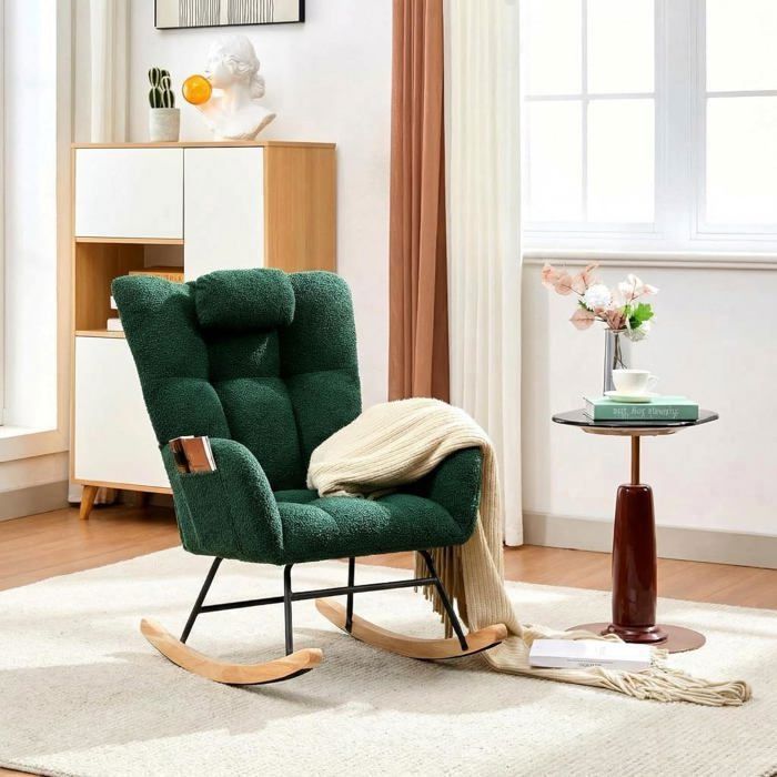 Fauteuil à Bascule -SALUT-Chaise Moderne avec coussins-Rocking chair-velours - Vert - Style Scandinave-64 × 92× 91cm