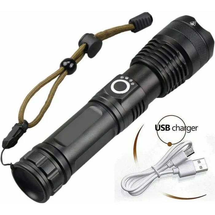 Lampe de poche LED XHP50 1200 lumens alliage daluminium charge USB zoom télescopique pour camping et conduite de nuit