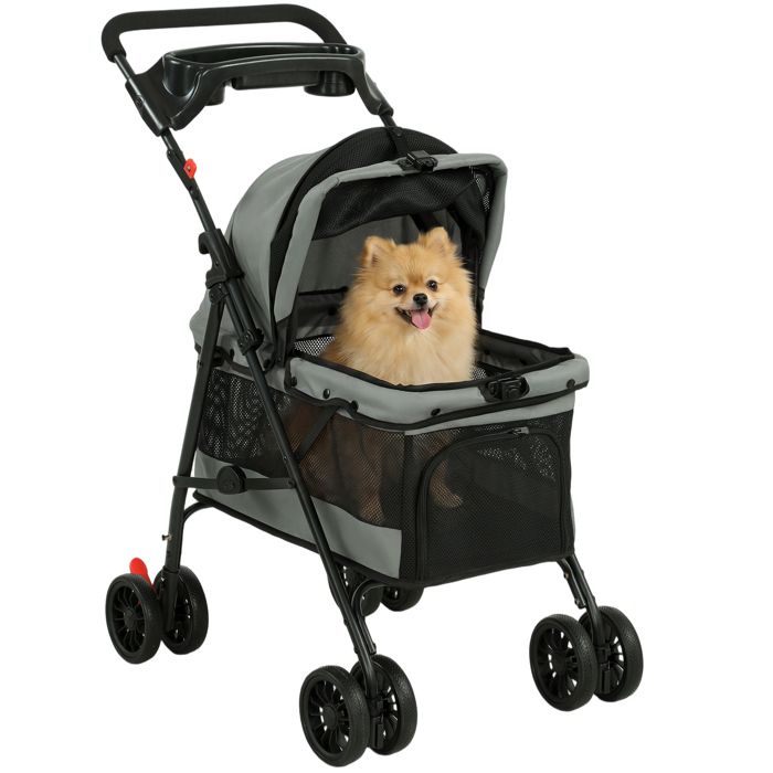Poussette pour chien - PawHut - 4 roues fenêtres en maille laisses de sécurité coussin amovible - polyester - 73x50x96cm - gris Poussette pour chien - PawHut - 4 roues fenêtres en maille laisses de sécurité coussin amovible - polyester - 73x50x96cm - gris