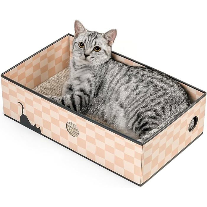 Griffoir pour Chat avec Boîte Grand Grattoir Chat Design Réversible en Carton Trous Interactifs Échiquier L-1 Pièce
