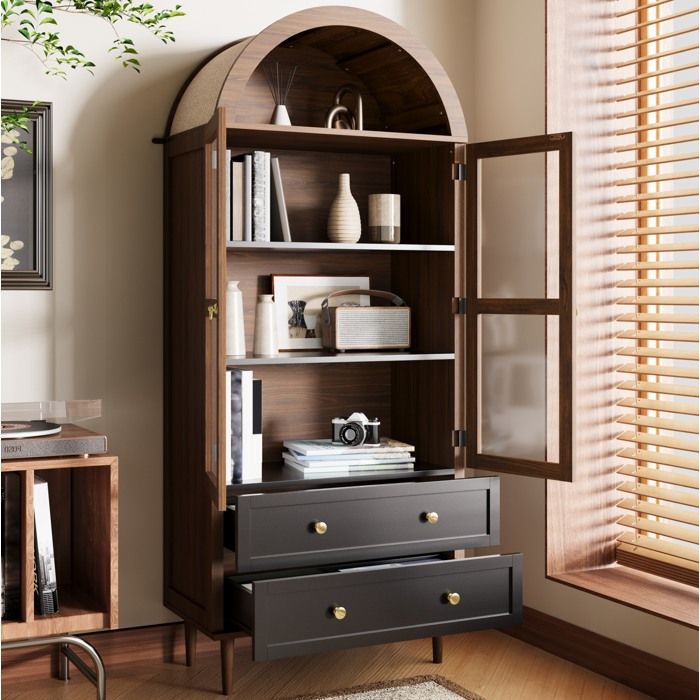 Vitrine Buffet Haut 2 Tiroirs 2 Portes Vitrées avec Étagères Réglables Style Rétro pour Salon Entrée 70×38×168 cm - UVRION