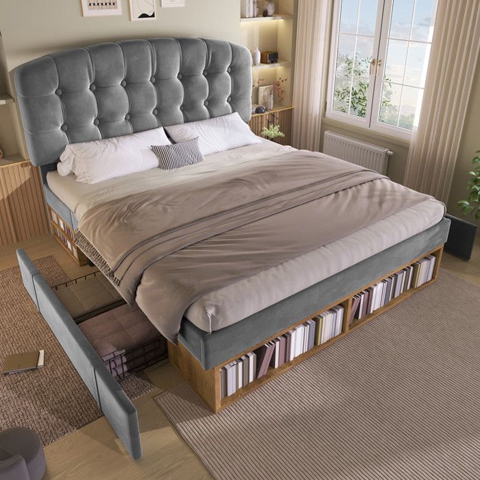 Lit Coffre Double 140x190cm Capitonné en Velours Gris Tête de Lit Incurvée Réglable en 3 Hauteur  Sommier à Lattes Encastrée