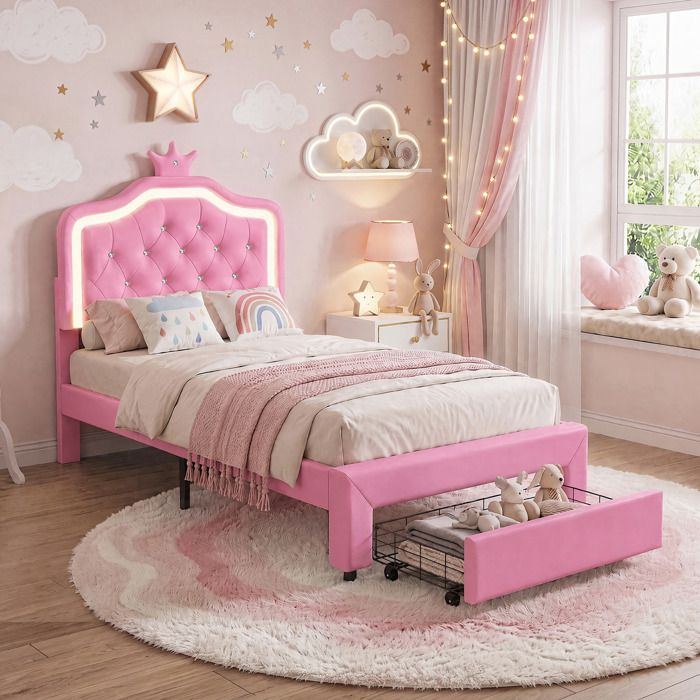 Lit fille 90x200 cm SORVAGLOSLit enfant 90x200 cm avec LEDLit princesse 1 tiroir lit simple Sommier à lattesBlancRose