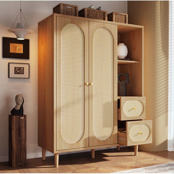 MEUVYX Armoire 2 Portes 2 Tiroirs Étagères Ouvertes et Penderie pour Chambre en Bois Chêne 120 × 48 × 161 cm