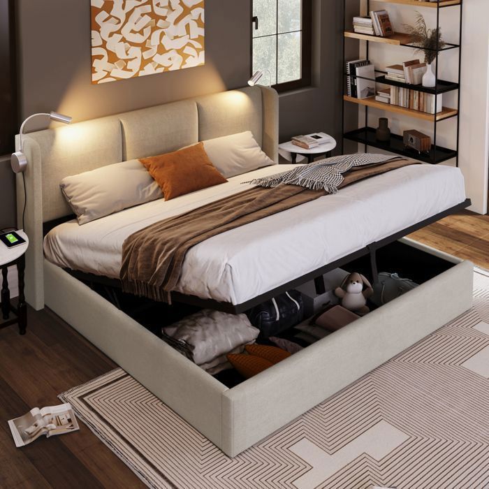 Lit coffre 160x200 avec sommier SORVAGLOS Lit double capitonné 160x200 avec lampe de lecture USB Lit 2 personnes lin beige