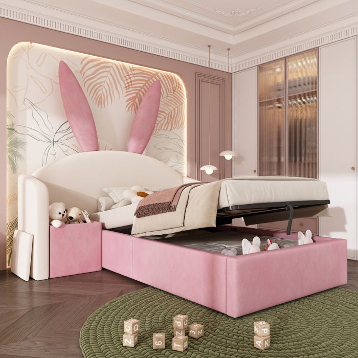 HOMVRA Lit Enfant 90x190 cm avec Table de Chevet et Rangement Velours Beige et Rose(Sans Matelas)