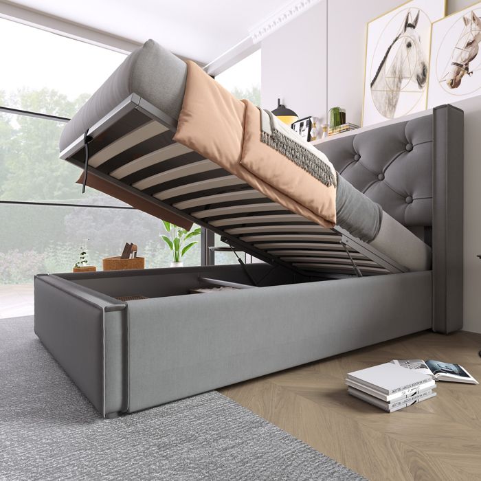 Lit simple capitonné avec rangement hydraulique 90 x 200 cm tête de lit rembourrée sommier à lattes gris