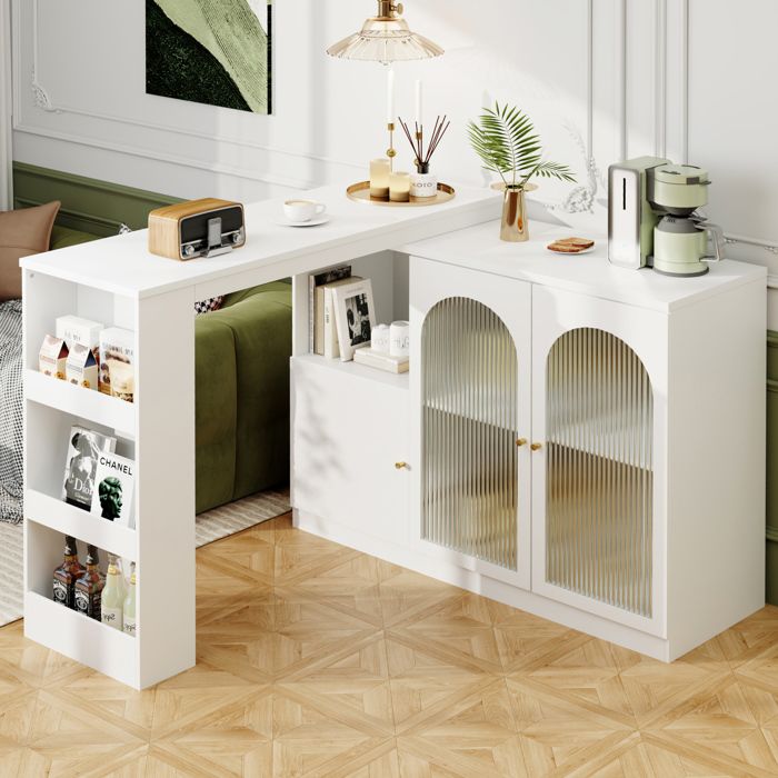 Bar rotatif 360° blanc en MDF avec portes vitrées meuble de rangement multifonction 120 x 40 x 97 cm
