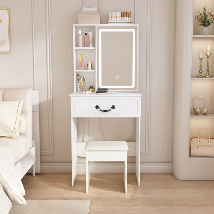 HOMVRA Coiffeuse avec miroir LED réglable 3 modes rangements et tabouret rembourré blanc 60 x 36 x 131 5 cm