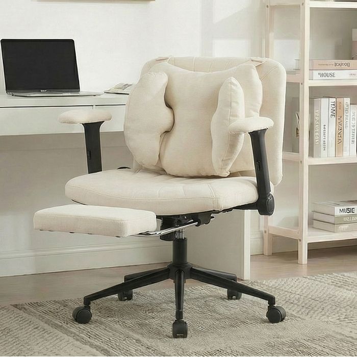 Fauteuil de bureau pivotant EVRYAE en tissu beige 80 x 53 x 86-96 cm hauteur réglable repose-pieds 150 kg
