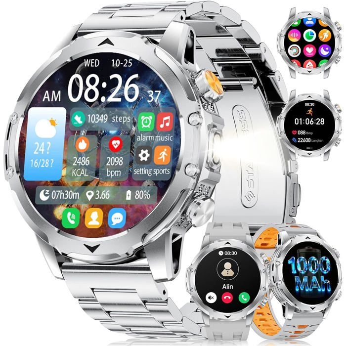 Montre Connectée Homme Avec 1 53 Hd Écran/Led Lampe/1000Mah Batterie Ip68 Étanche Smartwatch Avec 100+ Modes Sportifs 24/7 M[WW397]