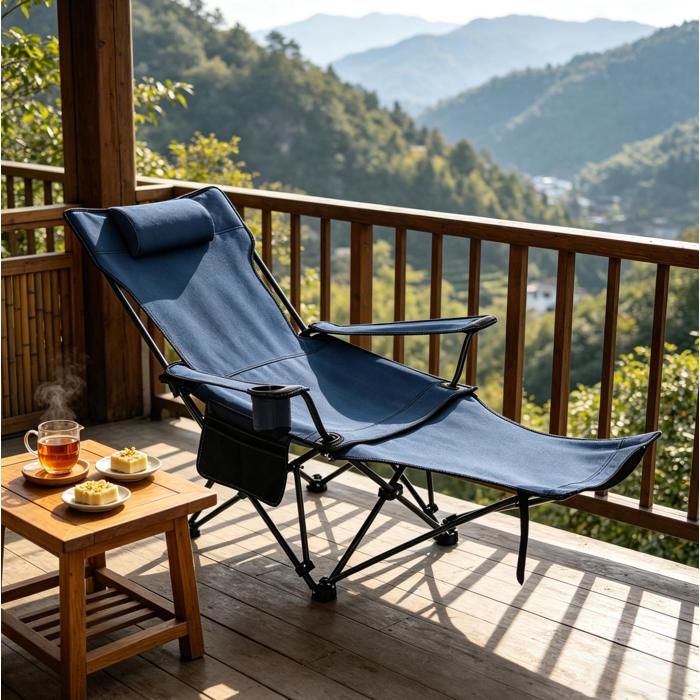 Chaise Longue dextérieur pliante avec dossier réglable repose-pieds extensible tissu Oxford bleu - UVRION