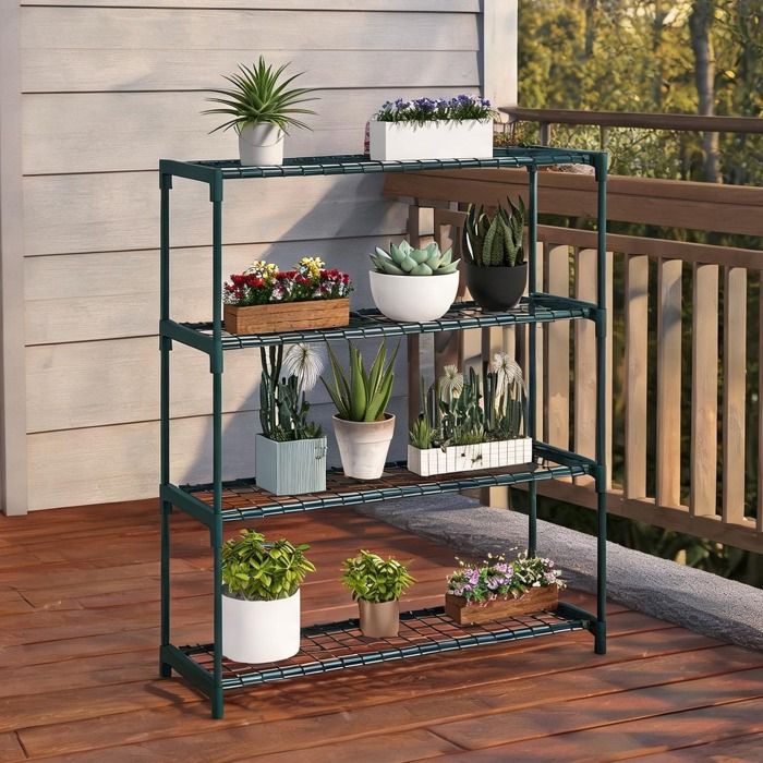 Étagère porte-plantes en acier vert 4 niveaux 89x28x107 cm intérieur et extérieur