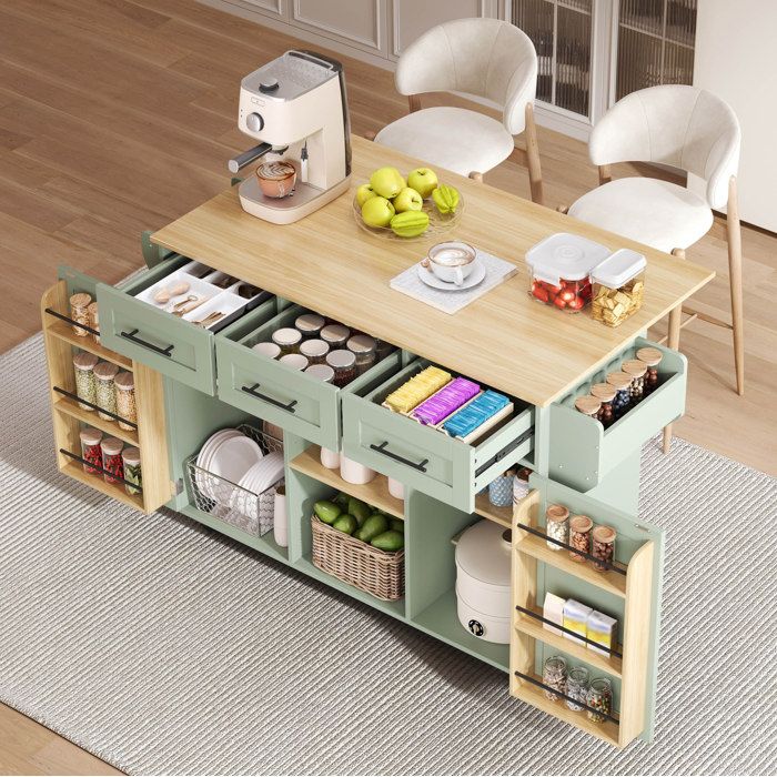 Desserte de Cuisine avec 3 Tiroirs 2 Portes Plateau Rabattable et Roulettes - en MDF - 139×46×915 cm - Vert Antique